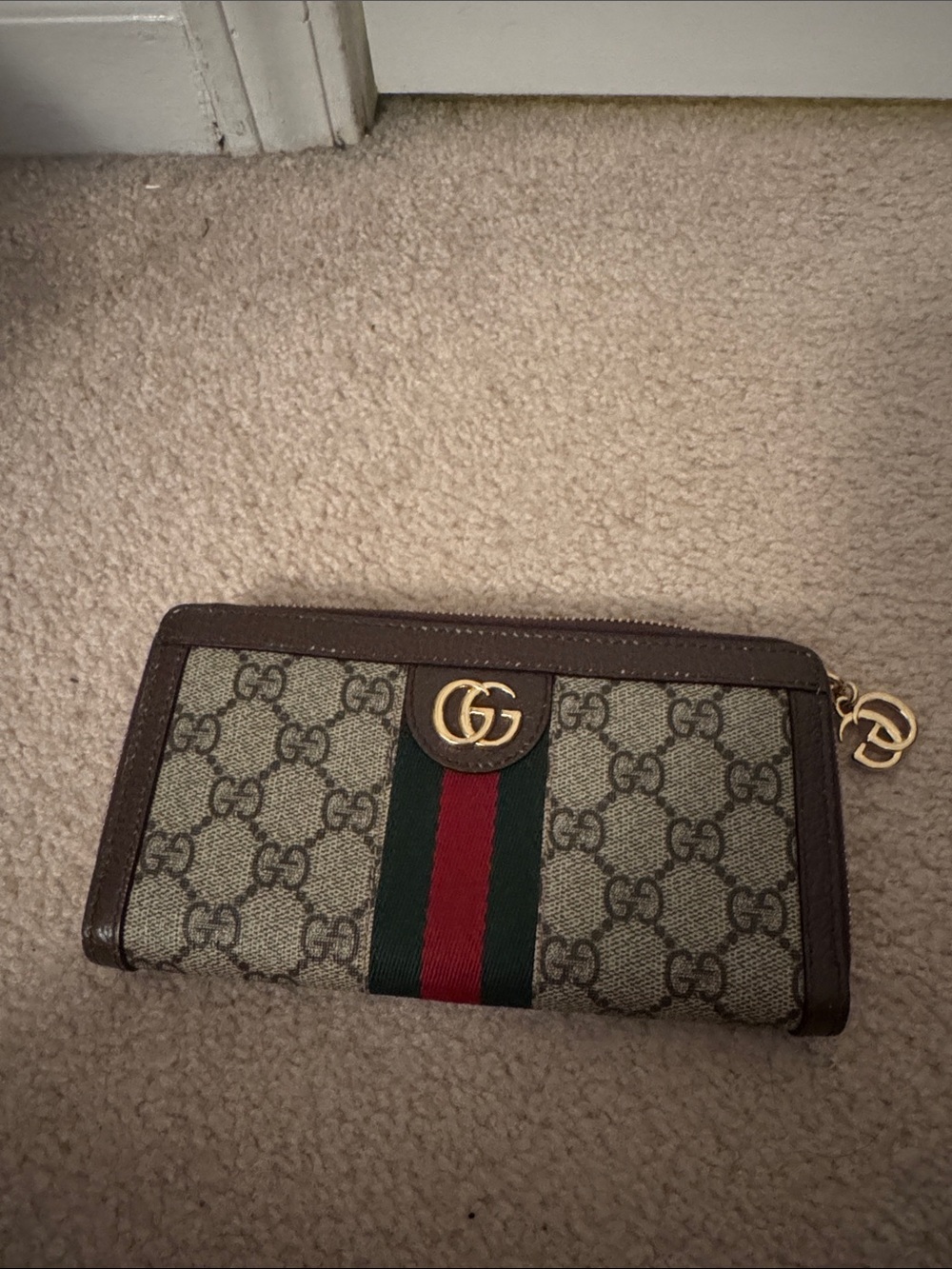 Gucci Monogram Zip Wallet with Green-Red Web Stripe - Brown/Tan